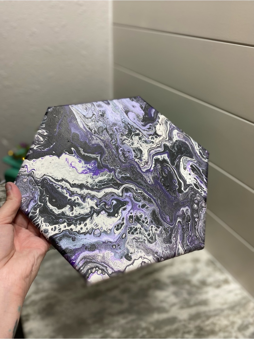 Abstract Hexagonal Canvas Art in Purple and Black w/ Glitter - Picture 4 of 8